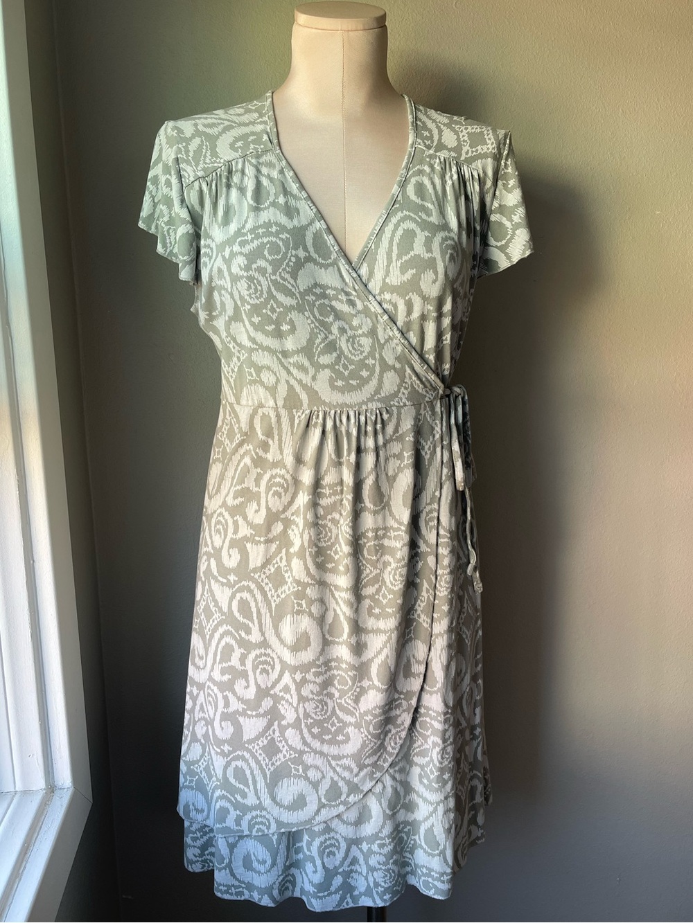 Fresh Produce Coastal Boho Print Sage Green Wrap Dress Size Large